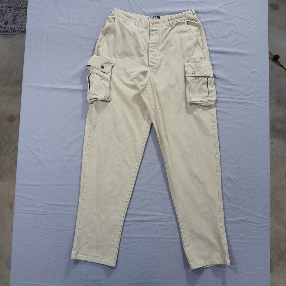 Vintage Polo Ralph Lauren Cargo Pants Mens 34 Beige Button Fly Cotton USA Made